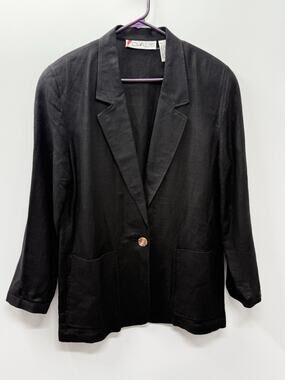 CHAUS Black Linen Blend Blazer Jacket Women’s Size 12 One Button Career